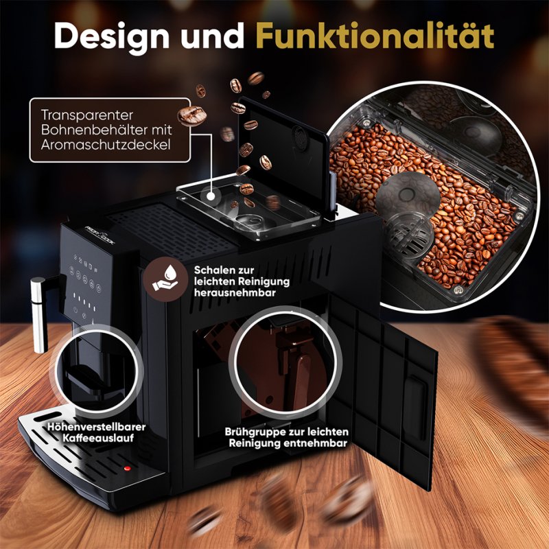 PROFI COOK fully automatic coffee machine PC-KAV 1281, black, conical burr grinder, 20 bar